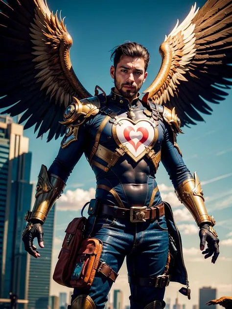 a man with a heart shaped heart in his chest and wings on his chest, standing in front of a sky with hearts, Chris LaBrooy, trending on artstation hq, cyberpunk art, fantasy art, cowboy shot