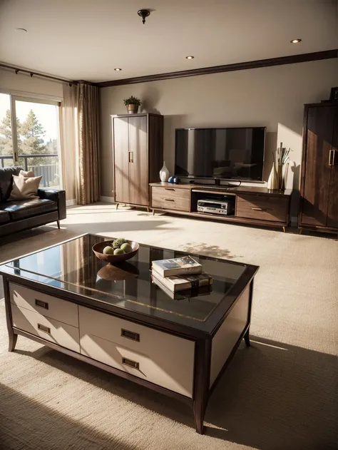 sunken living room conversation pit 70s, retrofuturism interior design, imaginary 3d dreamy 8k blender architecture render, neutral beige color scheme