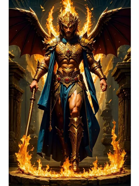 (best quality:1.4), (masterpiece:1.2), character immense power, wisdom, and connection to fire, draconic features,scales, wings, wise, ancient being, knowledge, fantasy