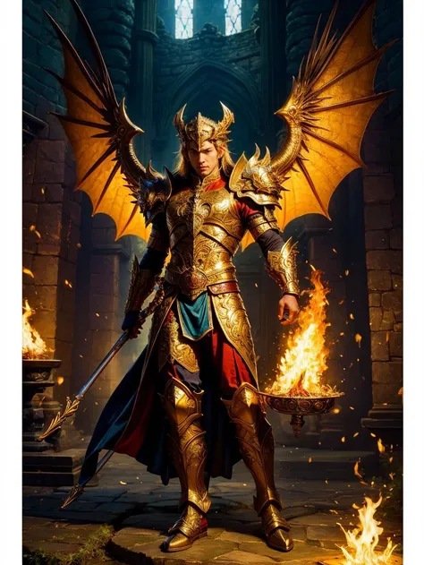 (best quality:1.4), (masterpiece:1.2), character  immense power, wisdom, and connection to fire, draconic features,scales, wings, wise, ancient being, knowledge, fantasy