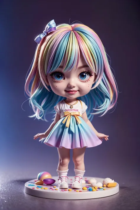 ((best quality)), ((masterpiece)), ( extreme detailed, highest detailed, official art, beautiful and aesthetic:1.2), depth, composition, FULL BODY, CHIBI, Cute, beautiful eye, (((colorful ombre hair))), rainbow gradient outfit, smiling, bokeh, bloom, blurred background, <lora:blindbox_V1Mix:1>