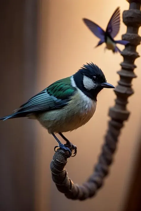 an concept art of alchemic element - European Crested Tit (Lophophanes cristatus): A small, enchanting bird with a tufted crest on its head, setting it apart from other tit species. The crest exhibits a beautiful black-and-white pattern, enhancing its overall charm. The grayish-blue plumage on the back and wings blends harmoniously with the pale underside, creating a captivating display. As the magical light cascades over the scene, it accentuates the scene's enchantment, instilling a sense of awe and delight. Every detail sparkles with a touch of the extraordinary, while the background fades into an alluring blur, focusing our gaze solely on the captivating subject., in nature habitat, rim lights, digital art, focus on subject, duch angle, clsoe shot, closeup, masterpiece, ultrasharp, intricated details