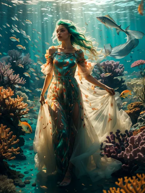 (best quality, masterpiece, colorful, dynamic angle, highest detailed),ultra high res,(photorealistic:1.4),1girl,die,male perspective,full body, mermaid, a small number of jellyfish, multicolored fish,long hair, bright green hair, perfect body proportions,(long dress:1.5),<lora:è¶è5:0.6>,fantasy city,leather jacket,all fours, underwater coral reef