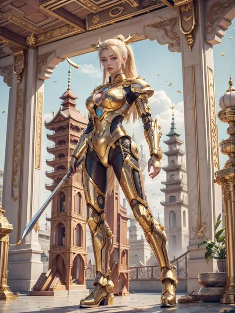 in golden armor Cyber girlfriend, (Asian, japanese:1.4) samurai with futuristic weapon , heroic sexy, afar pose, legs robot, (muscular:0.8), ca45mv7-100, <lora:IvoryGoldAIv2:1> IvoryGoldAI, goldstyle EMBEDDING