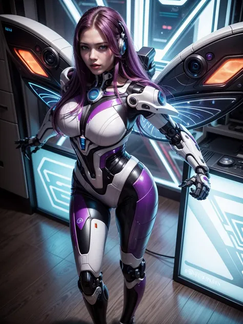 ((Masterpiece, best quality)), (8k, RAW photo, best quality, masterpiece:1.2), (realistic, photo-realistic:1.37), ultra high res, ultra-detailed ,full body, ((full-body shot)), woman, (((cyberpunk laboratory))), (((Asian))), beautiful detailed eyes, beautiful detailed lips, professional lighting, photon mapping, radiosity, physically-based rendering, detailed symmetrical lips, extremely detailed eyes and face, symmetrical mouth, extremely detailed face, symmetrical eyes ,detailed eyebrows, extremely detailed eyes, beautiful detailed eyes, extremely detailed face , light on face, (full body), looking at viewer, ((red and purple hair)), ((long hair)), ((fairy)), ((mecha suit)), ((neon mechanical parts)), ((cyberpunk)), ((legs)), ((energy core at center of body)), _stardeaf-cold-arc_ ((octane render))