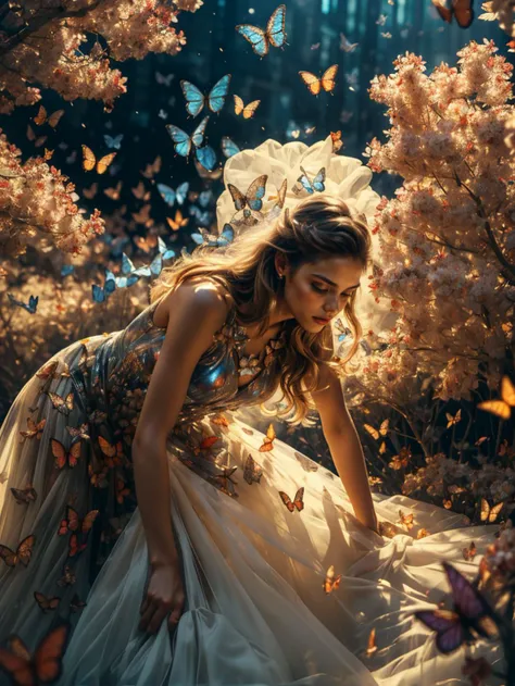 (best quality, masterpiece, colorful, dynamic angle, highest detailed),ultra high res,(photorealistic:1.4),1girl,die,male perspective,full body,a small number of butterflies,long hair,perfect body proportions,(long dress:1.5),<lora:è¶è5:0.6>,fantasy city,leather jacket,all fours, flower covered trees
