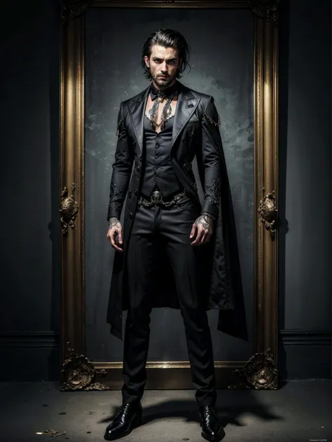 masterpiece, best quality, masterpiece, best quality, full body shot, gothic background, Create a striking art piece featuring an edgy male villain, adorned in a dark and stylish ensemble, with sharp features, intense eyes, and a commanding posture, exuding an aura of malevolence and mystery that captivates and intimidates viewers, phenomenal aesthetic, sumptuous artwork,