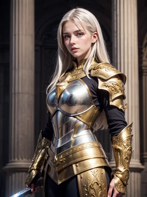 (masterpiece, best quality), 1girl, Female knight, long white hair, pale skin, green eyes, symmetrical features, thin features, narrow features, angelic features, finely detailed armor, light silver armor, gold elements, highest quality, ultra detailed, intricate design, long sword, 8k, ultra realistic, photorealistic, full body, photography lighting, <lora:add_detail:0. 5>