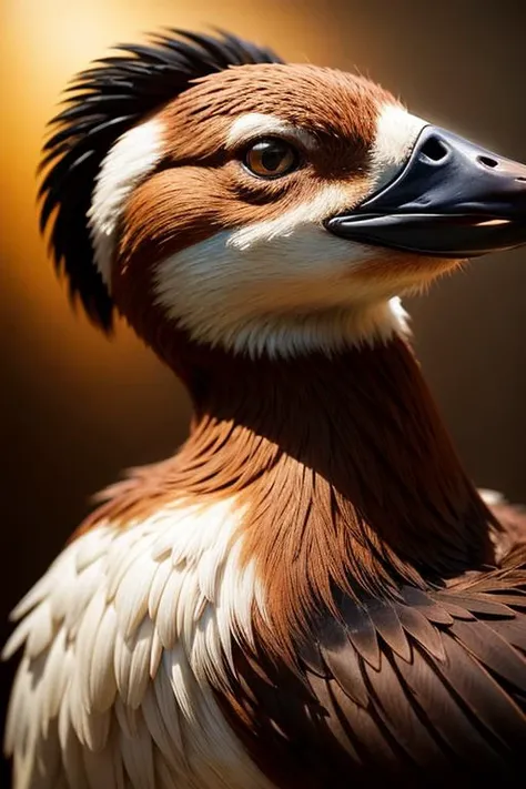 an concept art of alchemic element - European Shelduck (Tadorna tadorna): A striking duck with a chestnut-brown body, white head, and a prominent green band around the eyes. The camera's angle frames the subject in a way that unveils its essence, unveiling secrets that lie within its form. Shadows and highlights create a harmonious symphony, revealing an extraordinary interplay of light and darkness, unveiling layers of depth that leave us captivated., in nature habitat, rim lights, digital art, focus on subject, duch angle, clsoe shot, closeup, masterpiece, ultrasharp, intricated details