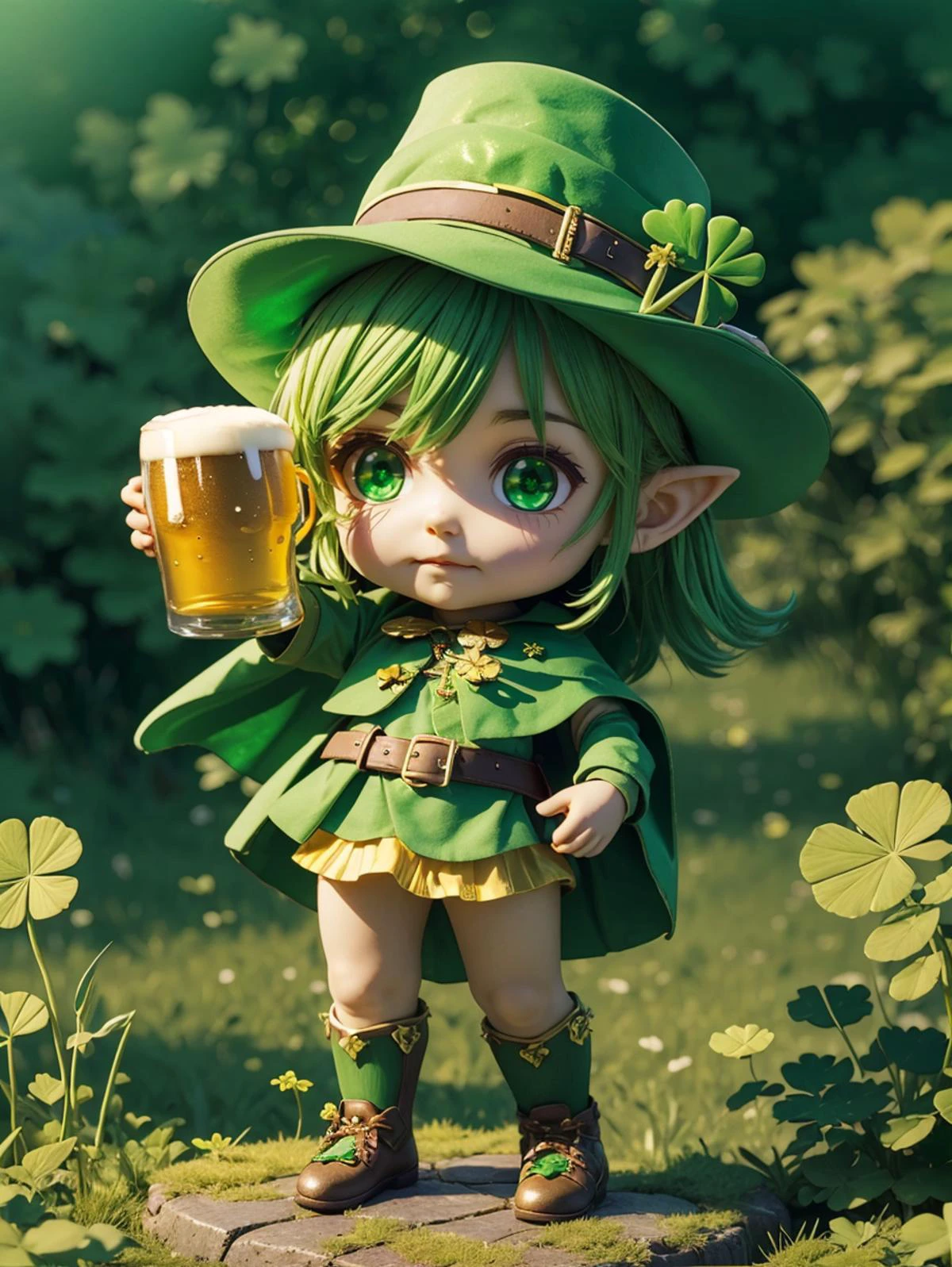 ((masterpiece, best quality)), <lora:ShamrockWorld:0.8>, ShamrockWorld, clover, four-leaf clover, light particles, solo, simple background, hat, (irish countryside background:1.3), holding, belt, cup, holding cup, alcohol, mug, green headwear, hat feather, green beer, beer mug, clover, four-leaf clover, green cape, green capelet, (leprechauns:1.3), celtic theme <lora:blindbox_V1Mix:0.8> full body, chibi,