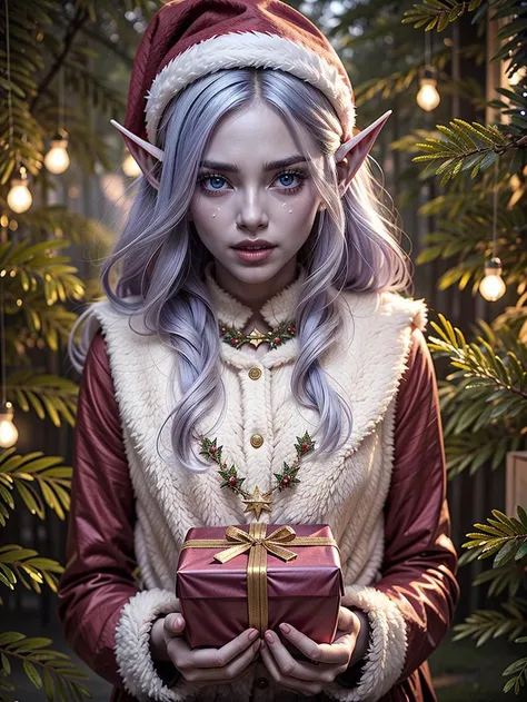masterpiece, best quality, highly detailed, <lora:drow_offset:0.8> drow, dark elf, colored skin, blue skin, pointy ears, opening a christmas present, crying, forest trees with ornaments, christmas lights,