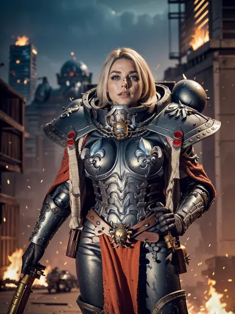 Singer Madonna as Highly realistic Marine Astartes, In your power armor armor color: red colour, ultra-realistic realism, Best quality, warhammer40k