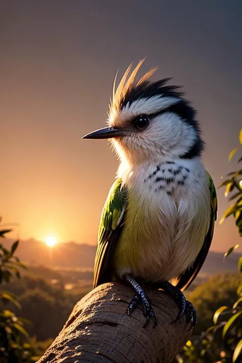 an concept art of alchemic element - European Crested Tit (Lophophanes cristatus): A small, enchanting bird with a tufted crest on its head, showcasing a black-and-white pattern. As the magical light cascades over the scene, it accentuates the scene's enchantment, instilling a sense of awe and delight. Every detail sparkles with a touch of the extraordinary, while the background fades into an alluring blur, focusing our gaze solely on the captivating subject., in nature habitat, rim lights, digital art, focus on subject, duch angle, clsoe shot, closeup, masterpiece, ultrasharp, intricated details