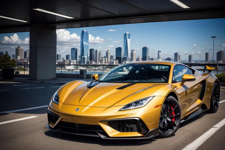 A science fiction luxury sports car driving through a science fiction cityscape.
