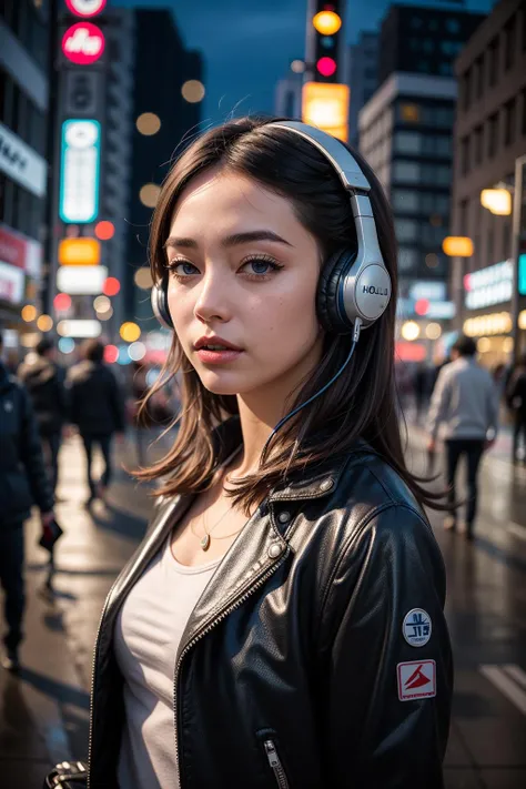 1girl, artist_name, black_hair, blue_eyes, building, city, city_lights, cityscape, cyberpunk, cyborg, glowing, headphones, headset, hologram, lips, long_hair, looking_at_viewer, neon_lights, night, outdoors, rain, realistic, road, science_fiction, skyline, skyscraper, solo, street, tokyo_\(city\), upper_body