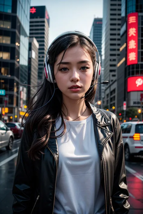 1girl, artist_name, black_hair, blue_eyes, building, city, city_lights, cityscape, cyberpunk, cyborg, glowing, headphones, headset, hologram, lips, long_hair, looking_at_viewer, neon_lights, night, outdoors, rain, realistic, road, science_fiction, skyline, skyscraper, solo, street, tokyo_\(city\), upper_body