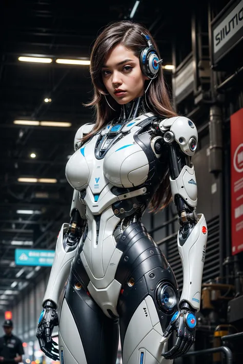female, woman robot cyborg,corporate model,manufacturer logos, complex detailed mechanical parts, glossy hard steel, scifi materials,advanced electronics, cyberpunk scene, <lora:insanobot:0.9>