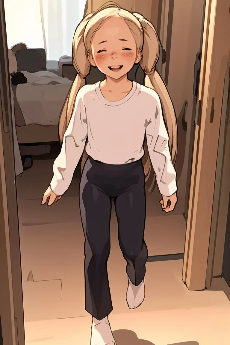 (masterpiece, best quality),  <lora:luimi_v2.0:1> luimi, girl, long hair, blond hair, opened eyes, closed mouth, shirt,  standing, blush, full body,  closed eyes, open mouth, pigtail, smilinh, pants