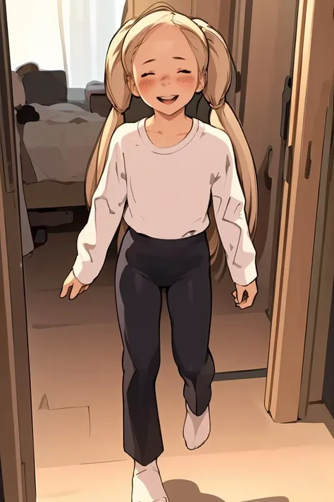 (masterpiece, best quality), <lora:luimi_v2.0:1> luimi, girl, long hair, blond hair, opened eyes, closed mouth, shirt, standing, blush, full body, closed eyes, open mouth, pigtail, smilinh, pants