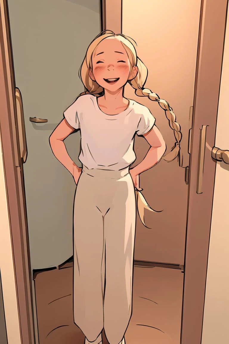 (masterpiece, best quality), <lora:luimi_v2.0:1> luimi, girl, long hair, blond hair, opened eyes, closed mouth, shirt, standing, blush, full body, closed eyes, open mouth, pigtail, smilinh, pants