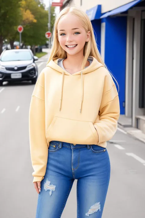 <lora:luimi_3batch_size_2epoch_700steps:1> Luimi a slender girl standing wearing a loose sweatshirt and blue jeans, smiling, blonde, 1girl