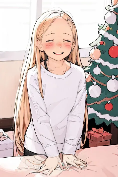 girl,blush,at home,closed eyes,smile,christmass tree,long hair,blond hair,luimi,<lora:luimi:1>