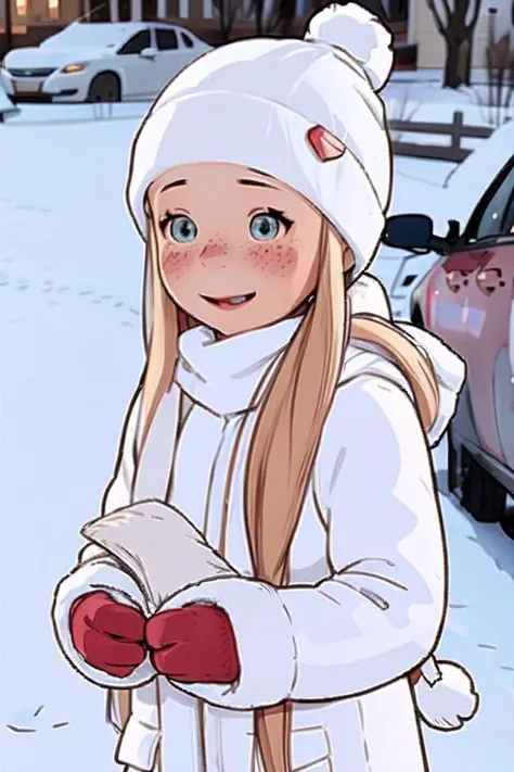 luimi, beanie, freckles, winter wonderlands, snowing, mittens, scarf, all white cloths, <lora:luimi-512:1>
