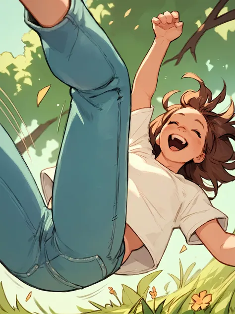 score_9,score_8_up,score_7_up,score_6_up,rating_safe,solo,woman,brown hair,jumping legs up,laughing,outdoor,grass,nature,sunny,motion lines,<lora:luimi_sdxl_v0.1:0.7>,jeans,loose tshirt,low angle,