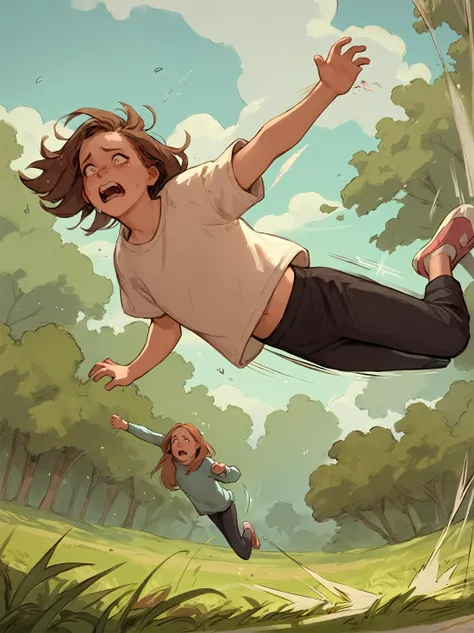 score_9,score_8_up,score_7_up,score_6_up,adult woman,brown hair,jumping (falling,tripping),scared,outdoor,grass,nature,sunny,motion lines,<lora:luimi_sdxl_v0.1:0.7>,