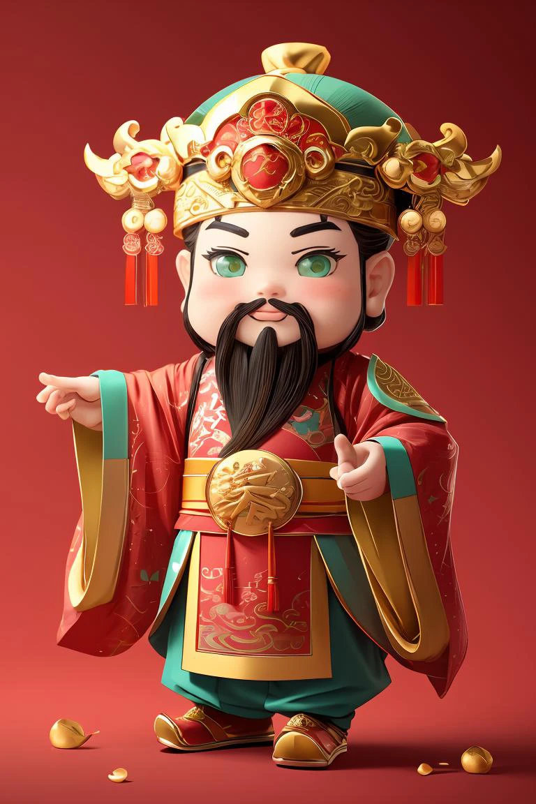 1male,chinese clothes,light green eyes,facial hair,solo,full body,red_background,chibi,masterpiece,best quality,ultra-detailed,<lora:麻è¢2024-021è´¢ç¥å°æé0.7-0.9:0.7>,hanfu,