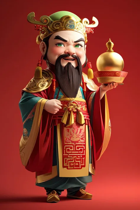 1male,chinese clothes,light green eyes,facial hair,solo,full body,red_background,chibi,masterpiece,best quality,ultra-detailed,<lora:éº»è¢2024-021è´¢ç¥å°æé0.7-0.9:0.7>,hanfu,