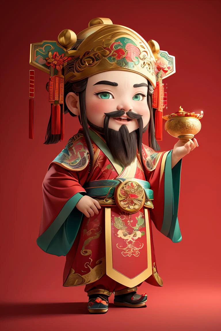 1male,chinese clothes,light green eyes,facial hair,solo,full body,red_background,chibi,masterpiece,best quality,ultra-detailed,<lora:麻è¢2024-021è´¢ç¥å°æé0.7-0.9:0.7>,hanfu,