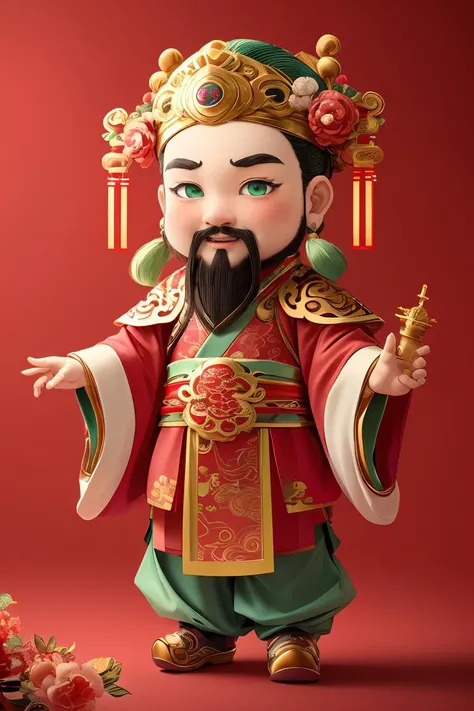 1male,chinese clothes,light green eyes,facial hair,solo,full body,red_background,chibi,masterpiece,best quality,ultra-detailed,<lora:麻è¢2024-021è´¢ç¥å°æé0.7-0.9:0.7>,hanfu,