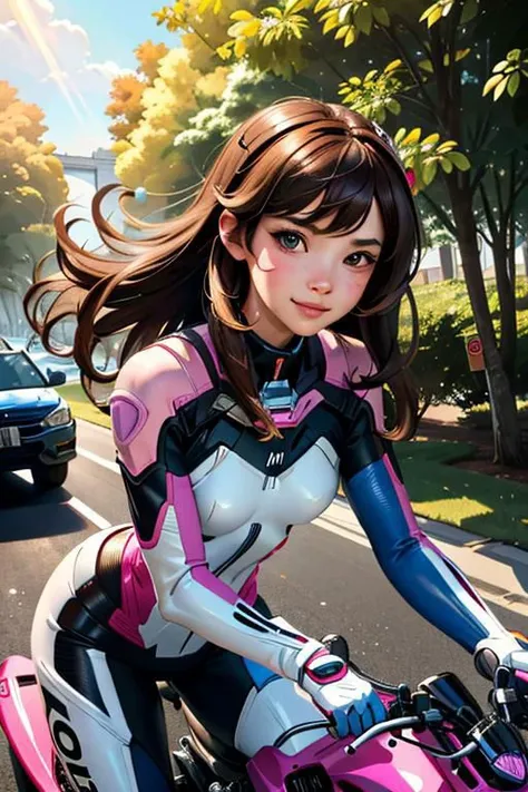 (top quality,8k wallpaper, masterpiece,best quality, high_resolution, ultra details, extreme quality, sharp focus, bright, vivid colors) (cinematic lighting, sunlight, volumetric),
corneo_dva, riding a motorcycle, flushed, looking at viewer, coy smile, bright shining eyes, dynamic shot, acceleration, iconic, from behind