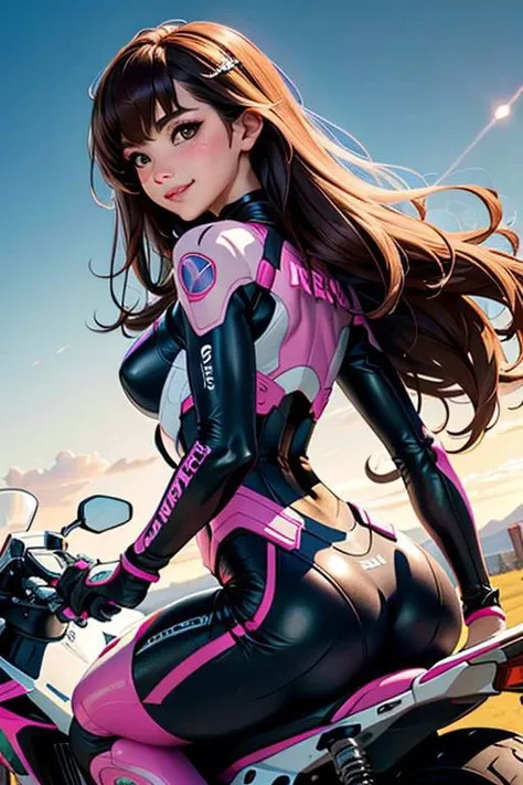(top quality,8k wallpaper, masterpiece,best quality, high_resolution, ultra details, extreme quality, sharp focus, bright, vivid colors) (cinematic lighting, sunlight, volumetric),
corneo_dva, riding a motorcycle, flushed, looking at viewer, coy smile, bright shining eyes, dynamic shot, acceleration, iconic, from behind