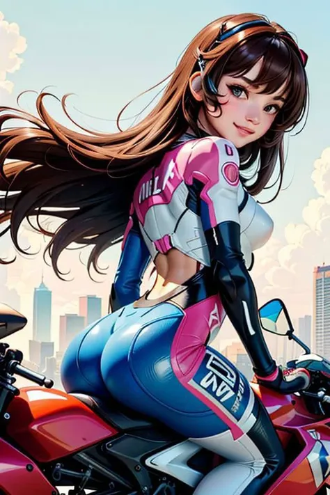 (top quality,8k wallpaper, masterpiece,best quality, high_resolution, ultra details, extreme quality, sharp focus, bright, vivid colors) (cinematic lighting, sunlight, volumetric),
corneo_dva, riding a motorcycle, flushed, looking at viewer, coy smile, bright shining eyes, dynamic shot, acceleration, iconic, from behind