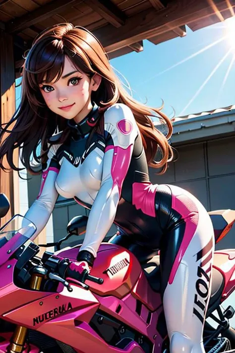 (top quality,8k wallpaper, masterpiece,best quality, high_resolution, ultra details, extreme quality, sharp focus, bright, vivid colors) (cinematic lighting, sunlight, volumetric),
corneo_dva, riding a motorcycle, flushed, looking at viewer, coy smile, bright shining eyes, dynamic shot, acceleration, iconic, from behind