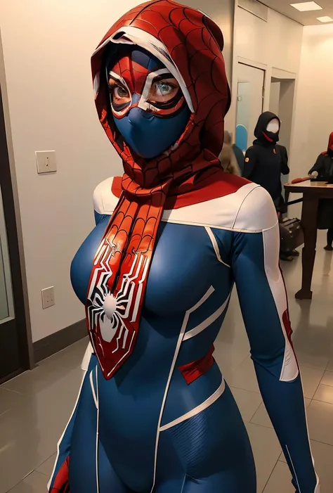 (masterpiece, best quality), 1girl, <lora:MalalaWindsor:0.8> MalalaWindsor, 1girl, solo, hood, blue bodysuit, mask, animification, spider web print, medium breasts,