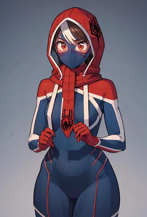 (masterpiece, best quality), 1girl,     <lora:MalalaWindsor:0.8> MalalaWindsor, 1girl, solo, hood, blue bodysuit, mask, animification, spider web print, medium breasts,