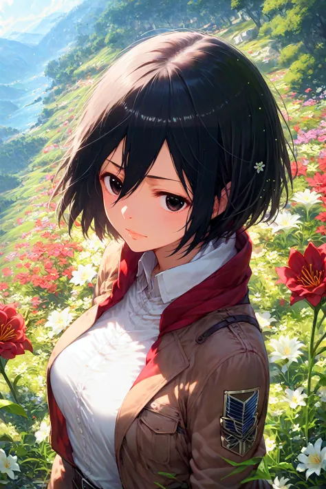 score_9, score_8_up, score_7_up, score_6_up, score_5_up, score_4_up, anime ,<lora:add-detail-xl:1.2>, <lora:xl_more_art-full_v1:1.2> BREAK, <lora:Expressive_H:0.8> ,dungeon, <lora:mikasa ackerman-PonyXL:0.8> mikasa ackerman, black eyes, black hair, short hair, , <lora:lily_style_xl:0.8> (flower:1.6), field of flowers, red lilies, relaxed pose