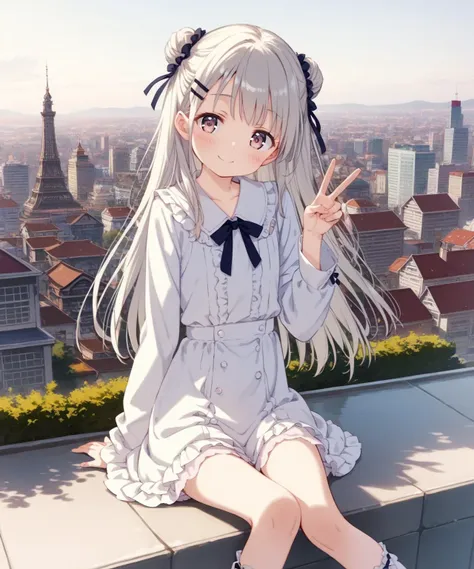 score_9, source_anime, anime_coloring, anime_screencap, 1girl, pink frilly blouse, black pleats skirt, baggy frilly socks, short boots, long sleeves, skyscraper, sitting, flat on back, inner thighs, closed legs, peace sign, blush, soft smile, solo, tiles, penthouse, rooftop, from front, hair ornament, hair clips, light silver hair, long hair, braid bun, nice hands, perfect hand, perfect anatomy, rating_sfw, cinematic lighting, masterpiece, amazing quality, best quality, detailed, absurdres, illustration, an extremely delicate and beautiful, game_cg, intricate