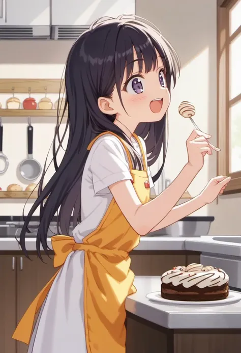 score_9, source_anime, anime_coloring, anime_screencap, 1girl, solo, apron, kitchen, from side, sweets, happy, cowboy shot, open mouth, long hair, short sleeves