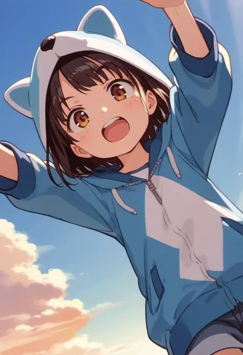 score_9, source_anime, anime_coloring, anime_screencap, 1girl, solo, animal hood, dynamic angle, sky, jumping, sunset