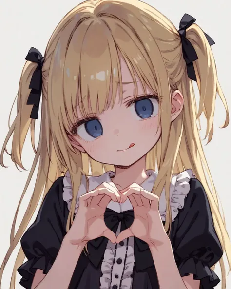 score_9, source_anime, anime_coloring, anime_screencap, 1girl, solo, blonde hair, two side up, dark blue eyes, ((empty eyes, hollow eyes, no highlight eyes)), upper body, smirk, parted lips, nervous, :o, tongue, looking at viewer, shaded face,
hands up, heart shape hands, head tilt, frilled shirt, gothic, simple background