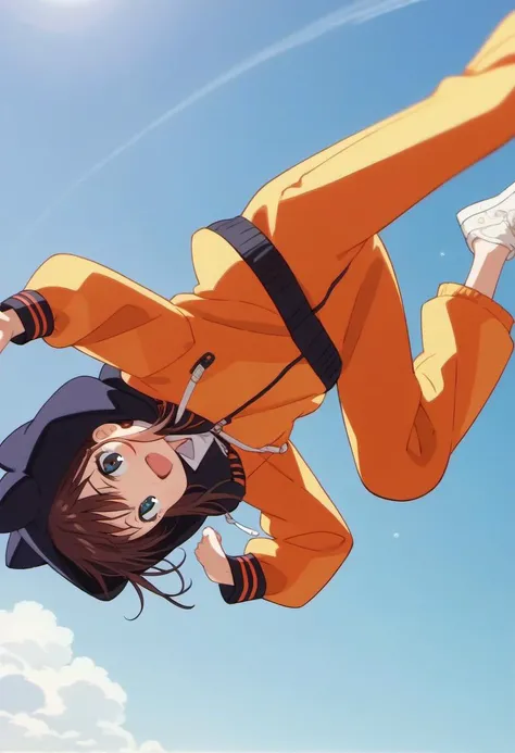 score_9, source_anime, anime_coloring, anime_screencap, 1girl, solo, animal hood, dynamic angle, sky, jumping
