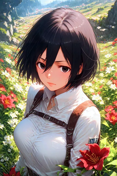 score_9, score_8_up, score_7_up, score_6_up, score_5_up, score_4_up, anime ,<lora:add-detail-xl:1.2>, <lora:xl_more_art-full_v1:1.2> BREAK, <lora:Expressive_H:0.8> ,dungeon, <lora:mikasa ackerman-PonyXL:0.8> mikasa ackerman, black eyes, black hair, short hair, , <lora:lily_style_xl:0.8> (flower:1.6), field of flowers, red lilies, relaxed pose