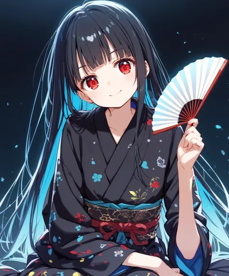 score_9, source_anime, anime_coloring, anime_screencap, 1girl, solo, black kimono \(glowing colorful rainbow zen tangle patterned\), black longhair, hime cut, long hair, sitting, wariza, leaning forward, holding gorgeous Japanese folding fan, sensu, slant red eyes, tsurime, soft smile, sword dance, head tilt, upper body, dark black background, simple background