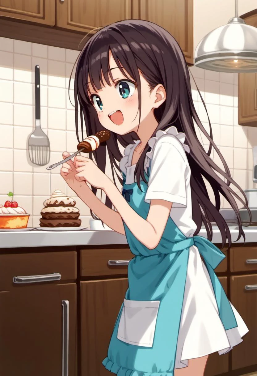 score_9, source_anime, anime_coloring, anime_screencap, 1girl, solo, apron, kitchen, from side, sweets, happy, cowboy shot, open mouth, long hair, short sleeves