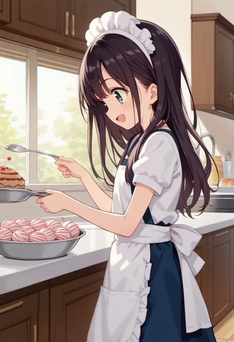 score_9, source_anime, anime_coloring, anime_screencap, 1girl, solo, apron, kitchen, from side, sweets, happy, cowboy shot, open mouth, long hair, short sleeves