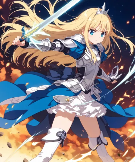 score_9, source_anime, anime_coloring, anime_screencap, 1girl, solo, princess, master fencer, princess knight, Valkyrie, holy sword, blonde longhair, blue eyes, noble elegant princess armor, white thigh high, black short boots, sheath, ready of battle, stepping, step into, battle stance, shining princess aura, give off aura, very powerful, momentary moment